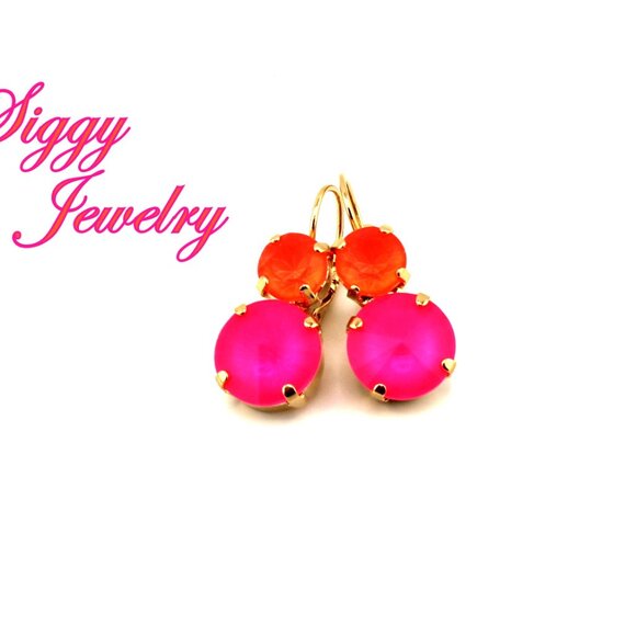 Neon Blaze 12mm Hot Pink and 8mm Orange Double Drop Lever Back Earrings - Picture 5 of 7